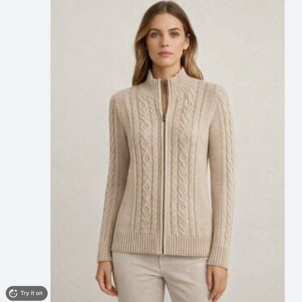 LL Bean Womens Cable Knit Full Zip Sweater Cardigan Cotton Fisherman Coastal M
